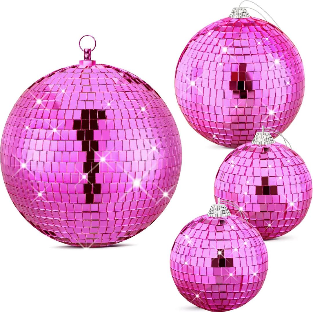 Nuenen 4 Pcs Large Pink Disco Ball Hot Pink Disco Night Accessories Party Decoration 70s Themed Mirror Hanging Balls Ornament for Wedding Birthday Room Home Dj Photo Props Backgdrop(8", 6", 4")