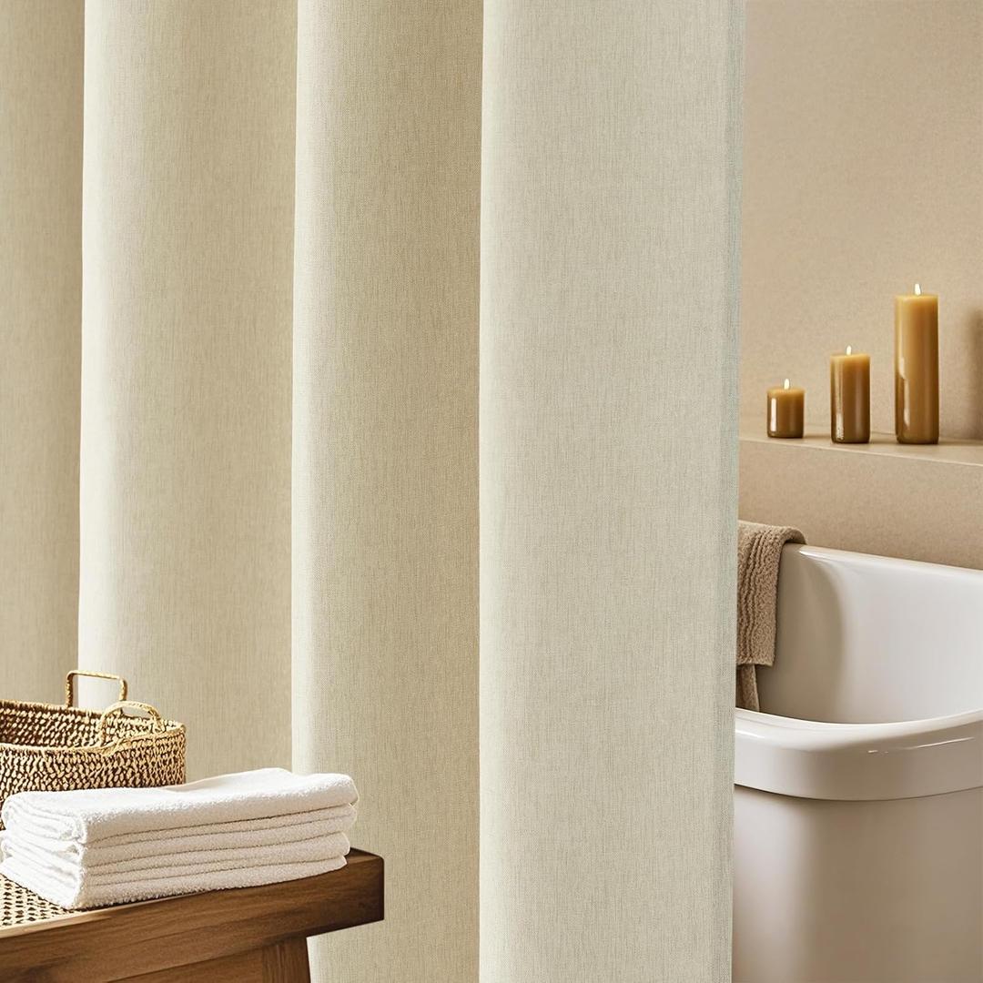 Rustic Faux Linen Beige Thick Fabric Shower Curtain, 72 x 90 Inch Extra Long Cloth Shower Curtain Water-Resistant, Ultra-Durable Washable Cream Shower Curtain for Tall Bathrooms
