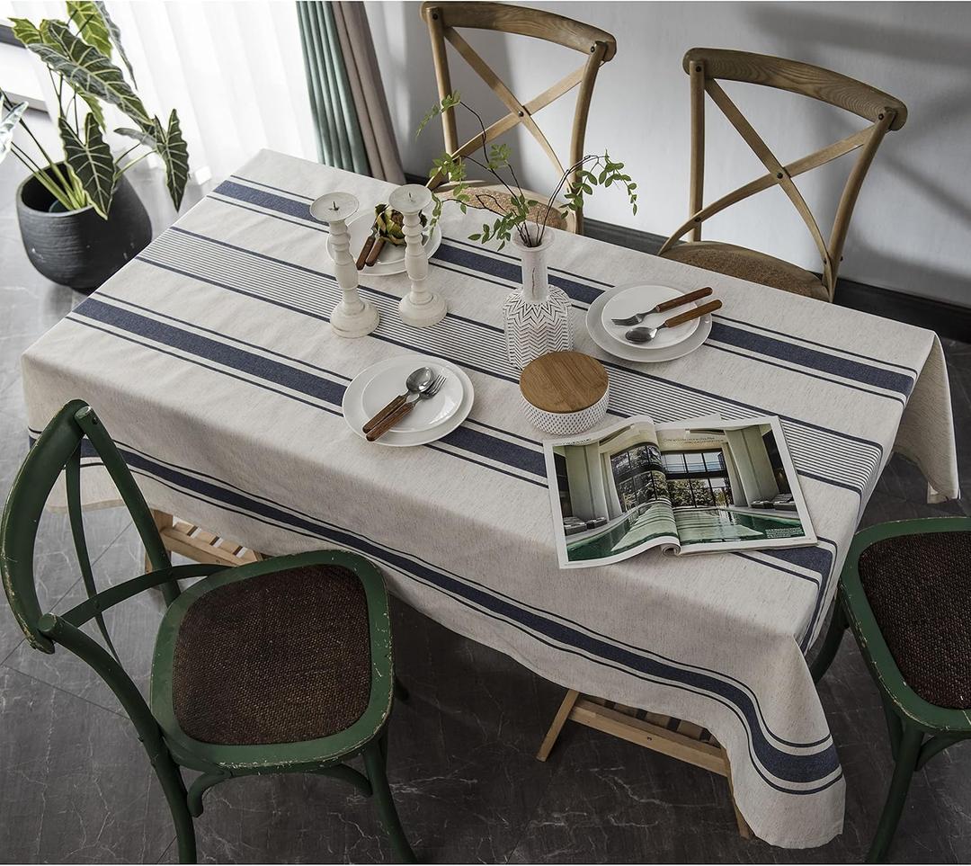 ArtBud White Blue Tablecloth Cotton Linen Farmhouse Table Cover Soft Washable Table Top for Parties Coffee Kitchen Dcor Striper(Rectangle/Oblong (Rectangle/Oblong, 60"102"(8-10 Seats)