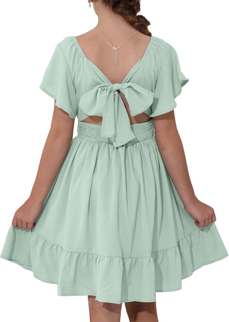 blibean Girls Summer Tie Back Dress Tween Kids Cute Boho Off Shoulder Flower Dresses Ruffle Formal Short Tulle Wedding Vestidos Niñas Size 10-11 Years Old Mint Green