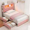 Twin Upholstered LED Bed Frame with 2 Storage Drawers and 2-Tier Storage Bookcase Headboard, Velvet Princess Platform Bed for Kids/Girls/Boys, Heavy Duty Metal Support, No Box Spring Needed, Pink