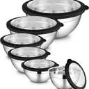 LIANYU Stainless Steel Mixing Bowls Sets of 6, Large 7, 3.5, 2.5, 2, 1.5, 1QT Size with Transparent Airtight Lids, Metal Nesting Serving Bowl Sets for Home Kitchen, Dishwasher & Freezer Safe, Black