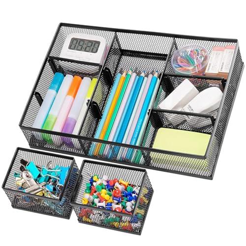 Marbrasse 3 Packs Desk Drawer Organizers, Metal Mesh Dividers Desk Drawer Organizer Tray with 9 Adjustable Compartments, Pen Organizer for Drawer Tray Box Accessories for Desktop,Kitchen, Makeup