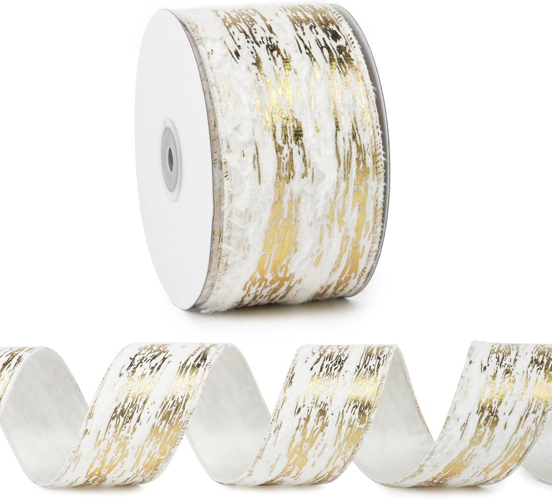 White and Gold Ribbon Wired 2.5 Inch X 10 Yards White Faux Fur Wired Ribbon for Christmas Tree,Topper Bows, Garlands and Wreaths, Gift Wrapping, DIY Crafts, Home Decor (Birch Bark,White)