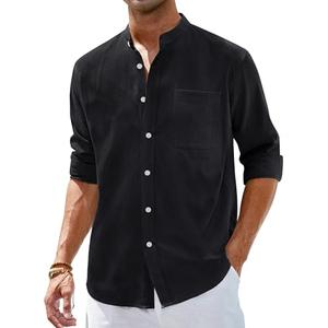 Alimens & Gentle Men's Cotton Linen Shirts Long Sleeve Button Down Shirt Band Collar Beach Shirts Black.L