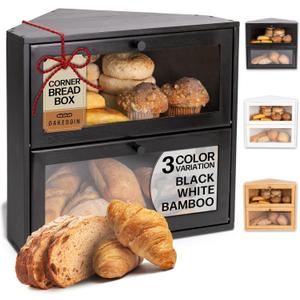 Corner Bread Box for Kitchen Countertop - New 2026 Airtight Design - Extra Large, Double Layer Black BreadBox, Vintage Storage for Homemade Bread, Under Cabinet Organizer