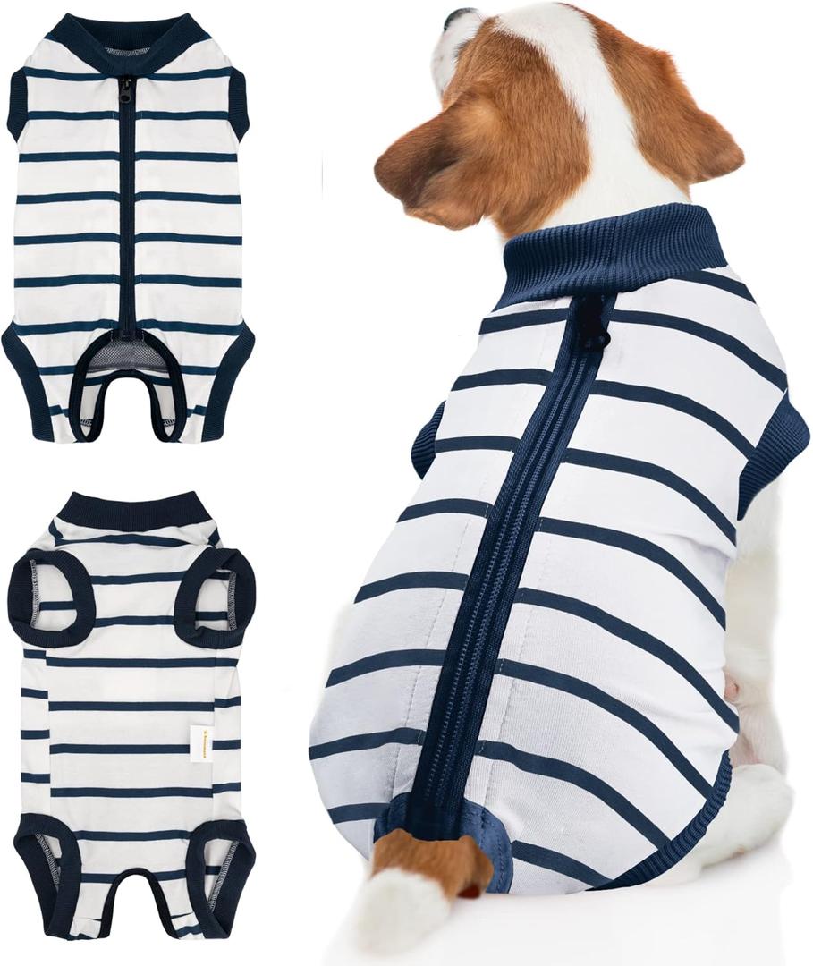 BENCMATE Dog Recovery Suit - Professional Pet Zip Up Onesie with Abdominal Wound Bandages, Substitute E-Collar & Cone (Large, Breton Stripes) L