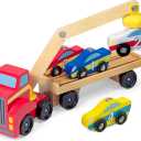 Melissa & Doug Magnetic Car Loader Wooden Toy Set with 4 Cars and 1 Semi-Trailer TruckCrane Wooden Toy, Vehicle Toys for Kids Ages 3+