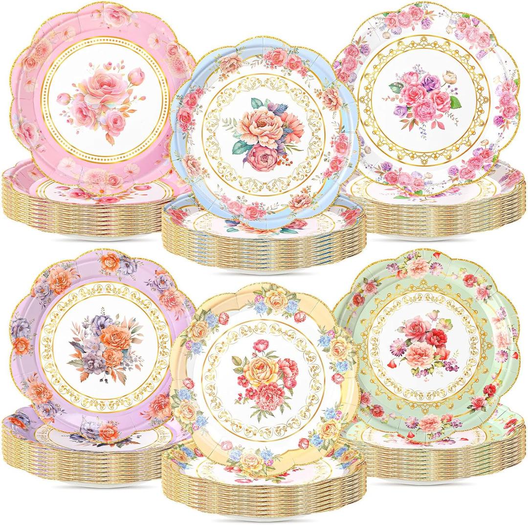 Zhehao 96 Pcs 7 Inch Vintage Floral Flower Decorative Plates Bulk Tea Party Watercolor Disposable Dessert Scalloped Paper Plates for Birthday Wedding Baby Shower Bloom Decoration Supplies, 6 Styles