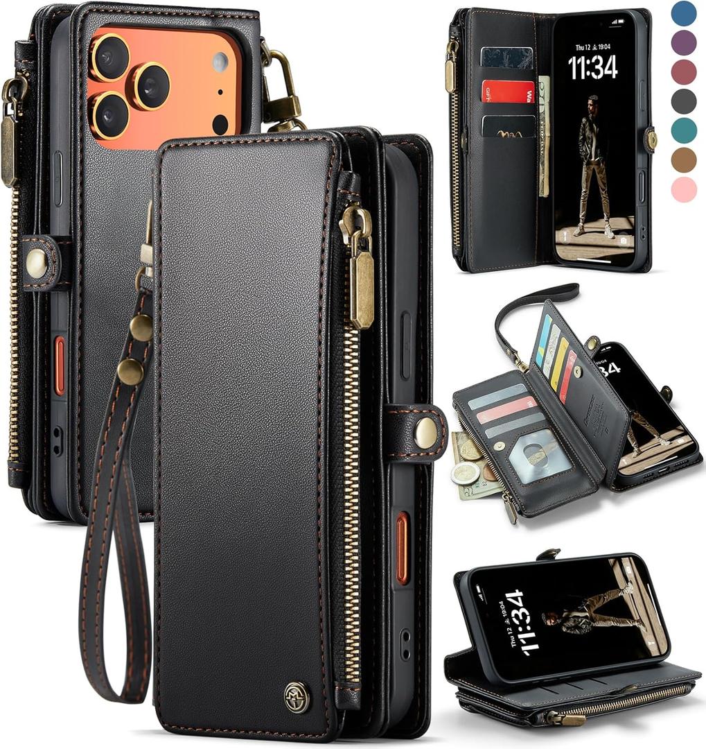 Defencase Compatible with iPhone 17 Pro Case Wallet with RFID Blocking Card Holder for Women and Men, Fashion PU Leather Magnetic Snap Flip Zipper Strap Wallet Phone Case for iPhone 17 Pro 6.3", Black