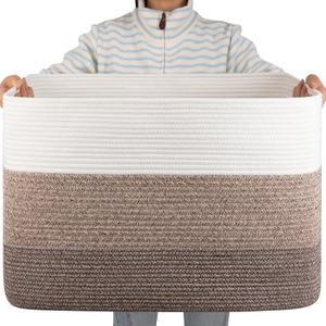 OIAHOMY 108L Large Cotton Rope Basket, Rectangle Woven Baskets for Storage, Nursery Blanket Storage Living Room, Toy Basket with Handle-25x16x16-Gradient Dark Brown