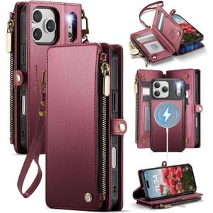 Defencase for iPhone 17 Pro Max Magnetic Wallet Case Compatible with Magsafe with RFID Blocking Zipper & Card Holder for Women Men PU Leather Strap Detachable Case for iPhone 17 Pro Max 6.9", Wine Red