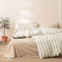 Striped Duvet Cover Set Queen Beige 100% Washed Cotton Bedding Set,Grey Vertical Ticking Stripes Pattern Comforter Cover with Zipper Closure (3pcs, Queen Size)