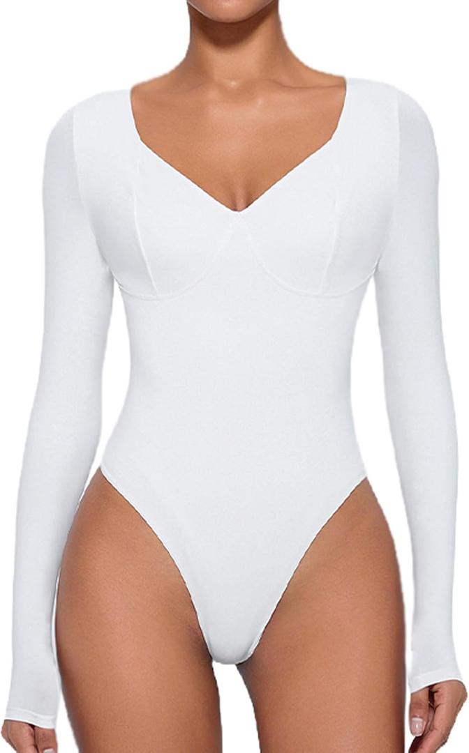 Avidlove Bodysuit for Women Long Sleeve Double Lined Tank Top V Neck Bodysuit Tummy Control Shapewear (Small, White)