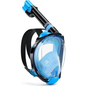 WSTOO Full Face Snorkel Mask, Dry Top Snorkeling Gear for Adults, 180 Panoramic Foldable Design with Camera Mount, Safe Mouth/Nose Breathing, Anti-Fog & Anti-Leak (Small-Medium, 1 Pack - Black/Blue)