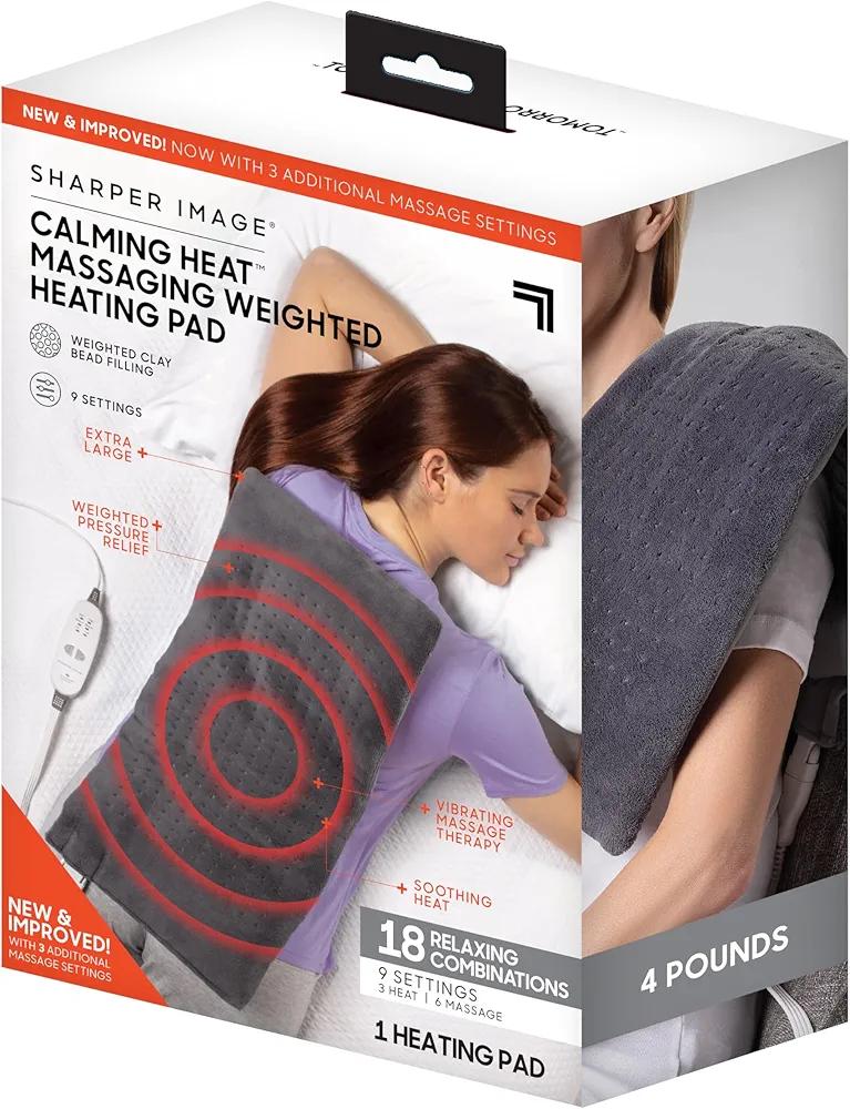Calming Heat Massaging Vibrations Weighted Heating Pad by Sharper Image | Temperature Settings, Auto Shut-Off Feature, Gift for Holidays, Women & Men | 3 Heat, 6 Massage, 12” x 24”, 4 lbs