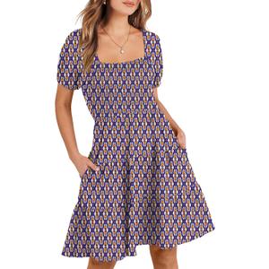 ANRABESS Womens 2026 Summer Casual Dress Square Neck Puff Sleeve Boho Beach Vacation Short Dress