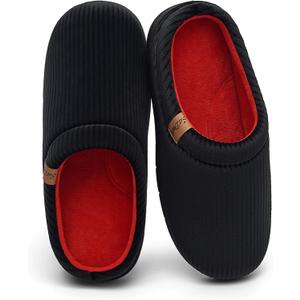 Men's Two-Tone Slippers with Arch Support Slip-On Warm House Shoes Cozy Memory Foam Indoor/Outdoor Breathable Slipper (13-14, Black+Red)