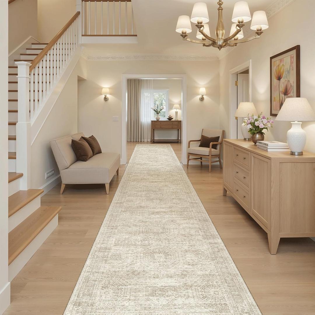Soalmost Runner Rug 2'6" x 16' Washable Non-Slip 2.5x16 ft Long Runner Rugs for Kitchen Bathroom Laundry Room Vintage Ultra Thin Runners for Hallway Entryway Beige