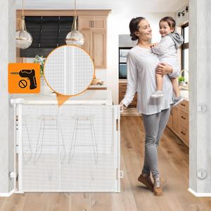 Upgrade No Drill Retractable Baby Gates No Drilling Retractable Gate with Support Rods to Prevent Crawling Underneath, 55 Wide Mesh Baby Gates for Doorways No Drilling Retractable Dog Gate for Stairs (No Drill 55" Wide - With Support Rod, White)
