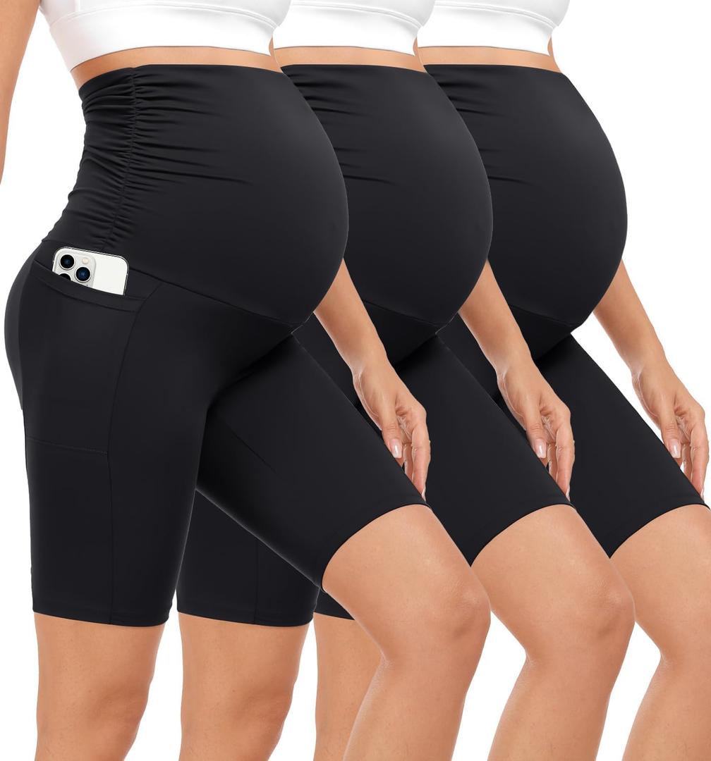 3 Pack Maternity Shorts Over The Belly Pregnancy Biker Shorts Workout Yoga Active Pregnant Pants Pajama with Pockets (Small, Black/Black/Black)