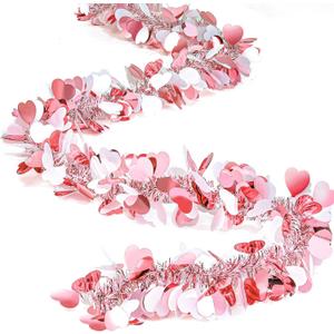 MTLEE 8 Pieces Valentine Tree Decorations Valentines Garland Shiny Heart Tinsel 6.56 Feet Each Metallic Tinsel Twist Garland for Mantle Tree Ornaments Wreath Wedding Party (Pink)