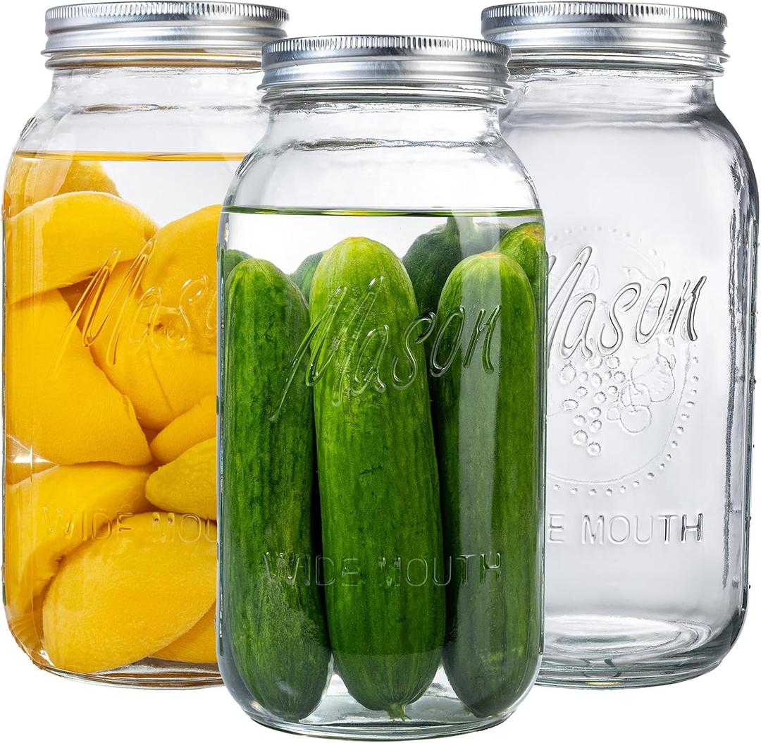 WELLIFE 3 Pack 64oz Wide Mouth Mason Jars,Half Gallon Mason Jar for Pickling, Canning, Fermenting and Food Storage, Microwave & Dishwasher Safe