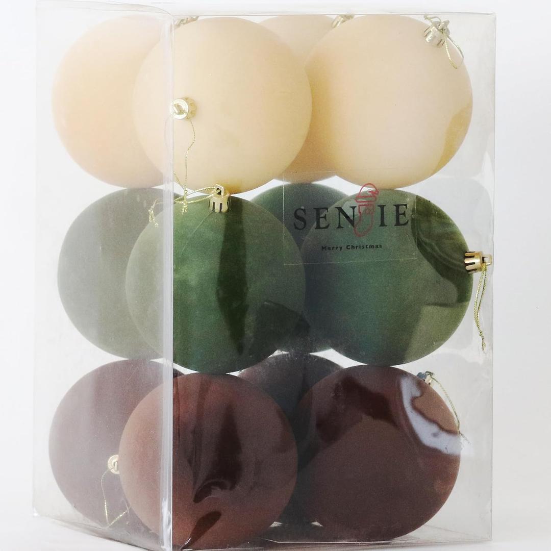 Senjie 4inch Velvet Christmas Ornaments Balls Sets for Christmas, 12pcs Multicolor Xmas Tree Flocked Shatterproof Ornaments Balls Decoration(Brown,Green and Khaki Each 4pcs)