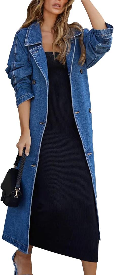 Women's Vintage Notched Collar Double Breasted Plus Size Loose Over Knee Denim Jacket Trench Coat with Belt (Blue, S)