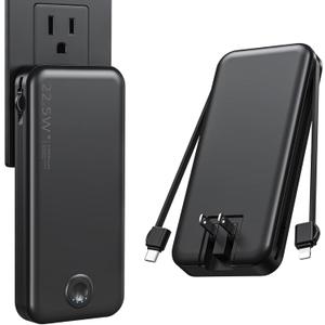 Portable Charger, 12000mAh 22.5W Fast Charging Power Bank with Built-in Cables & Wall Plug, Travel Essentials External Battery Pack, USB C Battery Phone Charger for iPhone, iPad, Samsung Black