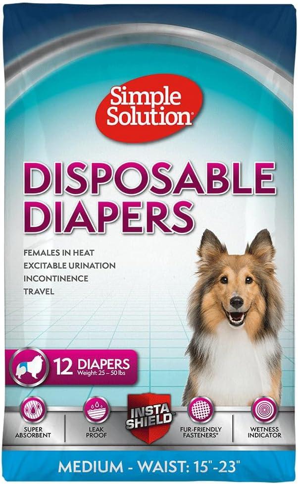 Simple Solution Disposable Dog Diapers for Female Dogs, True Fit, Absorbent, Leak Proof with Wetness Indicator, Puppy & Doggie Period Pad and Pee Diaper, for Medium Pets, 15-23 Inch Waist, 12 Count