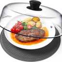 2 in 1, Glass Microwave Splatter Cover for Food & Microwave Place Mat, Plate Splatter Guard Lid with Easy Grip Silicone Handle Knob, Borosilicate Glass with Vent Hole, Food Grade, No Plastic, 10in