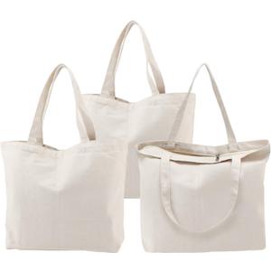 Segarty 3PCS 16.5x13 inch Natural Heavy DIY Tote for Crafting, Ironing and Embroidering, White Canvas Reusable Grocery Shopping Bag with Zipper