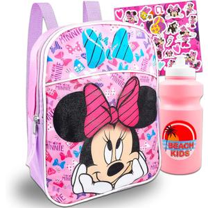 Disney Minnie Mouse Mini Backpack For Girls, Kids ~ 3 Pc Bundle With 12" Minnie School Bag, Water Bottle, Stickers, and More (Minnie Mouse School Supplies Set)