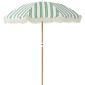 6.5FT Striped Beach Umbrella with Fringe, UPF 50+ Sun Protection, Adjustable Height and Tilt Design, Wind-Resistant Fiberglass Ribs, Sturdy Wood Grain Iron Pole, Lightweight & Portable with Carry Bag, Base Not Included,  Avocado