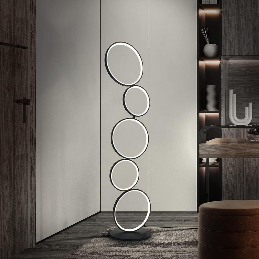 LED Modern Floor Lamp for Bedroom, 3 Way Bright Dimmable Corner Floor lamp with 5-Ring 2-in-1 Standing Tall End Table Lamp for Living Room & Office Reading Light, 3260LM, 6000K, Black.
