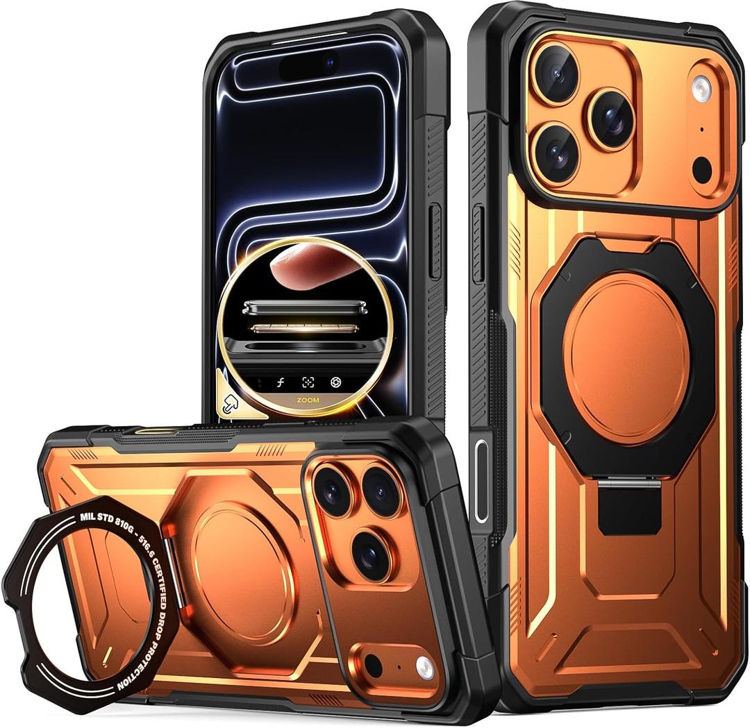 Poetic Spartan Case with Ring Stand for iPhone 17 Pro, [Camera Control Button][Magsafe Compatible], Full Body Rugged Shockproof Protective Cover Case, Metallic Orange