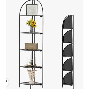 Crofy Foldable 5 Tier Corner Shelf, Metal Corner Plant Stand with Black Frame and Black Shelves, Corner Display Rack Multipurpose Shelving Unit for Living Room, Bedroom, Bathroom