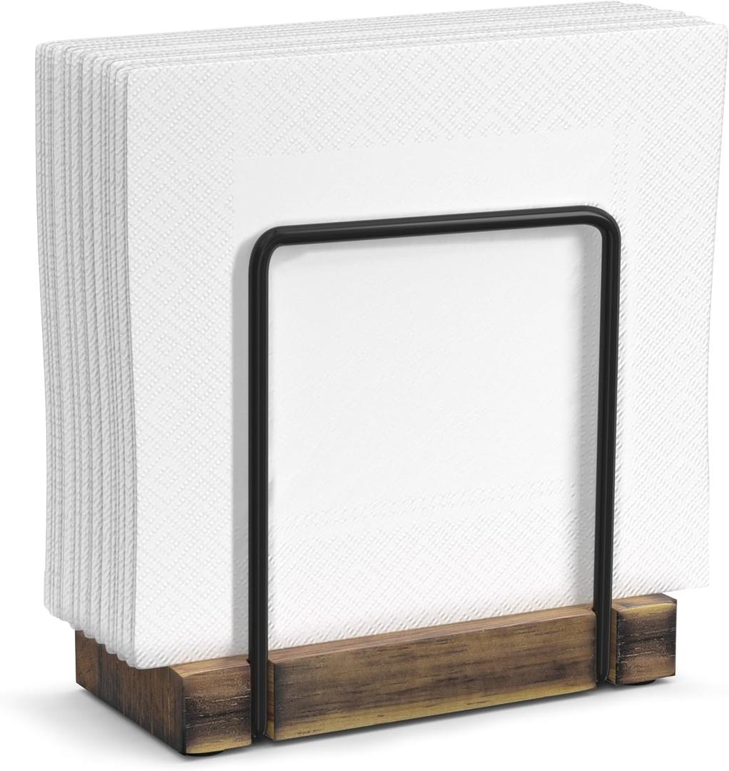 Napkin Holder for Table, Wood Iron Standing Napkin Dispenser for Dining Table Farmhouse Cocktail Picnic Rustic Wooden Holders All Kitchen Dining Room Decor Black & Farmhouse Brown (5.78*2.51*5.04 inch)