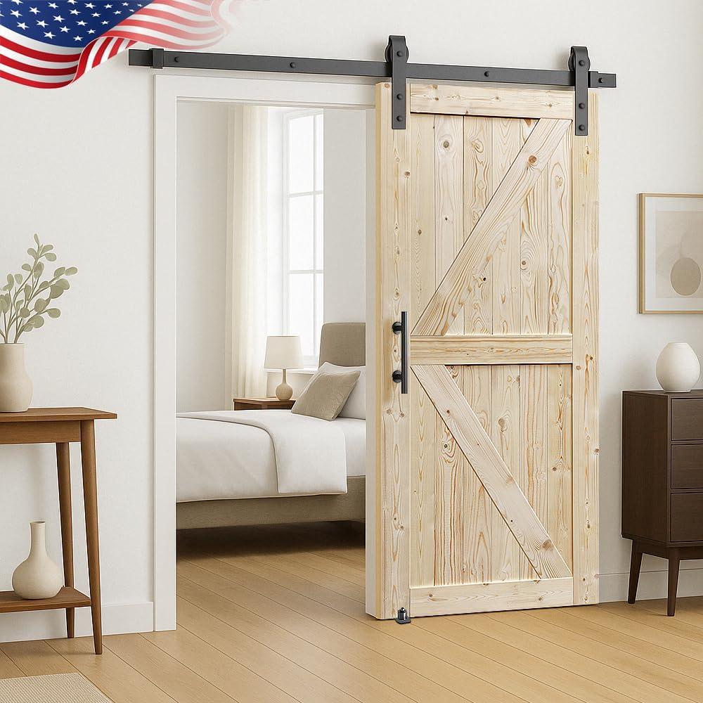 S&Z TOPHAND 36 in x 96 in Unfinished British Brace Knotty Barn Door with 6.6FT Sliding Door Hardware Kit/Double Surfaces/Simple Assembly is Required