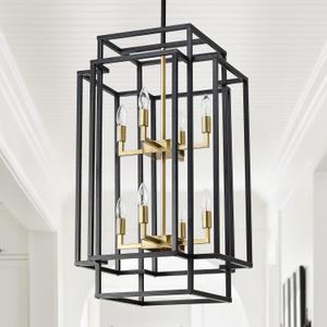 32" Black and Gold Foyer Chandeliers for High Ceilings, Lantern Tiered Pendant Light Fixtures 8-Light, Hanging Light Fixtures for Dining Room, Kitchen Island Living Room Entryway