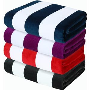 Exclusivo Mezcla 4 Pack Cotton Large 30x60 Inches Soft Cabana Stripe Thick Beach Towel, Super Absorbent Travel Bath Pool Towel (Red/Grey/Navy/Purple)