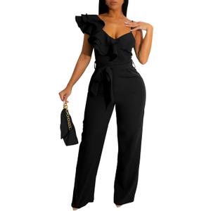 kaimimei Womens Casual Jumpsuits V-Neck Sleeveless Ruffle Backless Belted Wide Leg Pant Sexy Romper Party Clubwear (L)