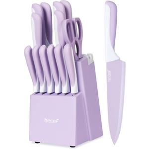 hecef 15 Pieces Kitchen Knife Set with Built-in Sharpening Wooden Block, Dishwasher Safe, High Carbon Stainless Steel Knife Block Set with Steak Knives, Kitchen Scissors, Purple