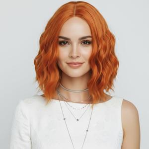 Short Wavy Copper Red Wigs for Women 14 Inch Middle Part Shoulder Length Pastel Orange Bob Wavy Wig Curly Wavy Synthetic Cosplay Wig for Girl Colorful Costume Wigs