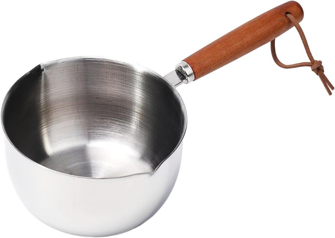 Stainless Steel Butter Melting Pot Hot Oil Pan Multi-Purpose Sauce-Pan for MINI Milk Warmer With Wooden Handle For Induction Gas Electric Stove Heating Gravy Chocolate 150ML 300ML 500ML (500ml)