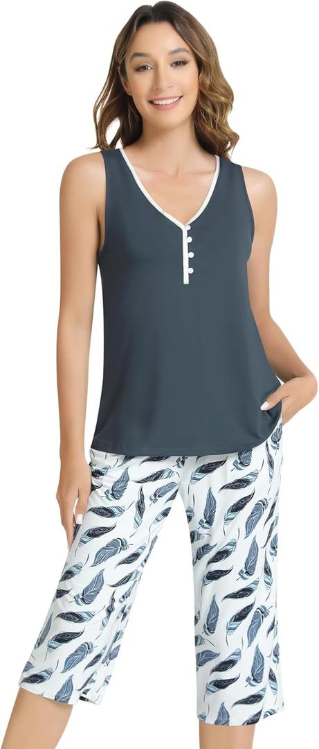 NACHILA Pajamas for Women-Viscose Made from Bamboo,Cool Tank Top and Capri Pants Pajama Set Soft Sleepwear Sleeveless Pjs (Medium, G-midnight Blue)