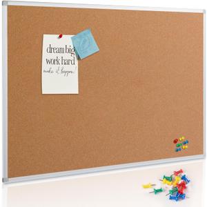 Board2by Large Cork Board Bulletin Board 48 x 36, Silver Aluminium Framed 4x3 Corkboard, Office Board for Wall Cork, Wall Mounted Notice Pin Board with 15 Push Pins for School, Home & Office