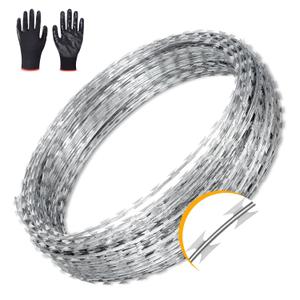49ft Barbed Razor Wire, Hot-Dip Galvanized Barb Wire Roll for Crafts Fences, Fence for Critter Deterrent (Single spiral 49ft)