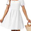 OFEEFAN Women Puff Sleeve Square Neck Tie in Back Dresses with Zipper (Medium)